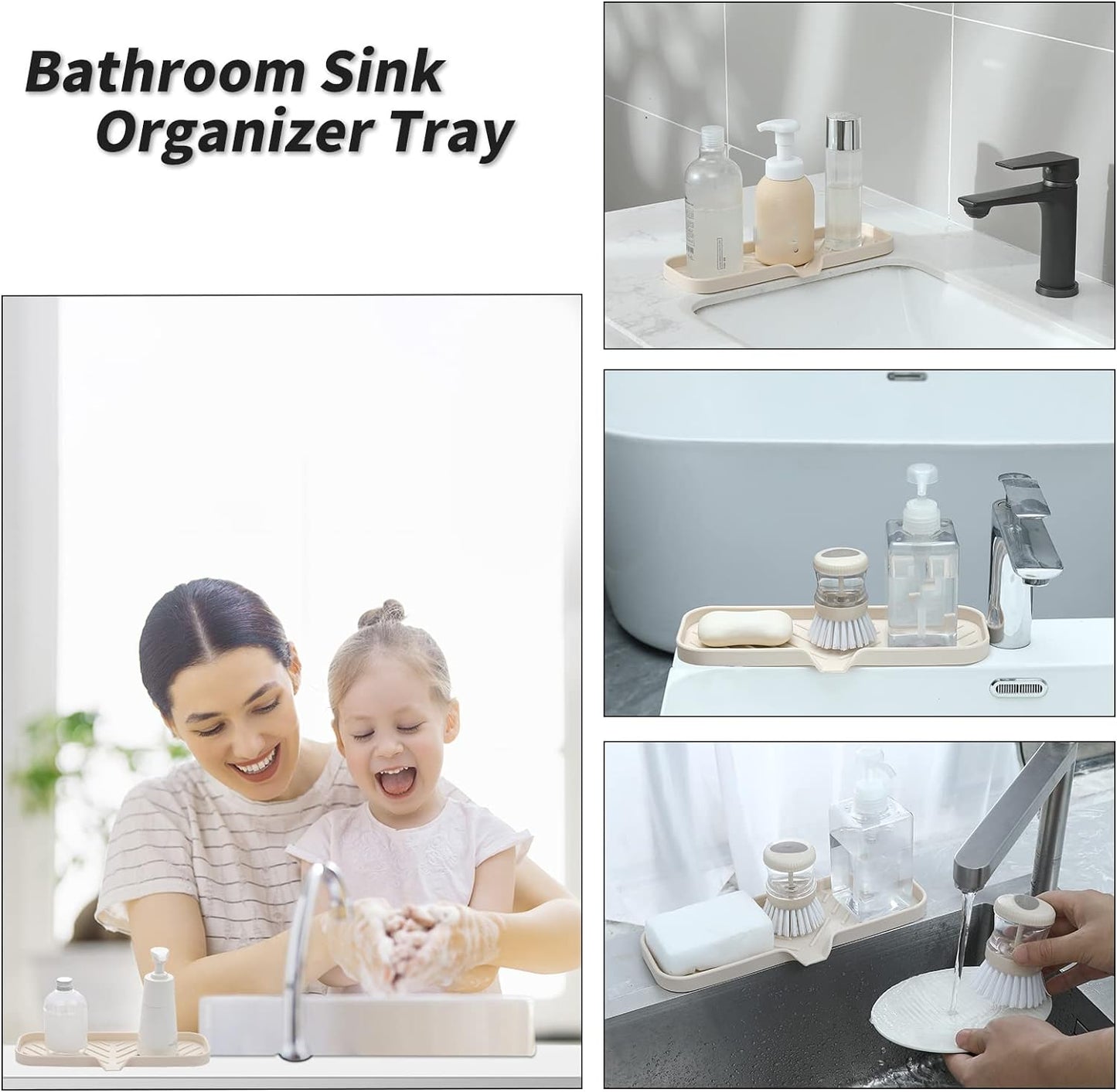Silicone Bathroom Soap Dishes with Drain Spout-Bathroom and Kitchen Sink Organizer,Sponge Holder,Dish Soap Tray,Perfect for Dispenser,Scrubber,Bottle,Cup on Sink or Counter-Tapioca 12"×4"