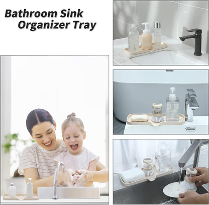 Silicone Bathroom Soap Dishes with Drain Spout-Bathroom and Kitchen Sink Organizer,Sponge Holder,Dish Soap Tray,Perfect for Dispenser,Scrubber,Bottle,Cup on Sink or Counter-Tapioca 12"×4"