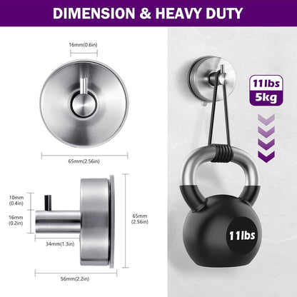 JOMOLA Brushed Stainless Steel Shower & Bathroom Hooks - No Drill Adhesive-Free Suction Cup Hardware, Rustproof Waterproof Metal Wall Mount for Towel Robe, Damage-Free (2-Pack)