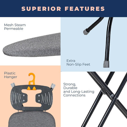 Ironing Board with Iron Rest, Iron Board with 3 Layers Extra Thick Cover, Compact and Space Saver Foldable Ironing Board, Adjustable Height, Easy Storage with Smart Hanger and Lightweight Design