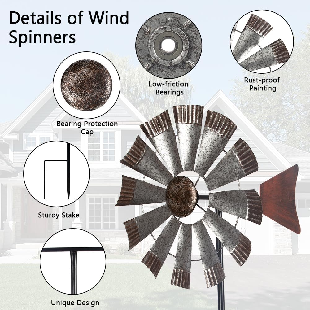 Wind Spinners Outdoor，Metal Vintage Style Single Sided Silver Windmill Kinetic Wind Spinner for Outdoor Garden Patio Yard Decor,Diameter 13 Inches