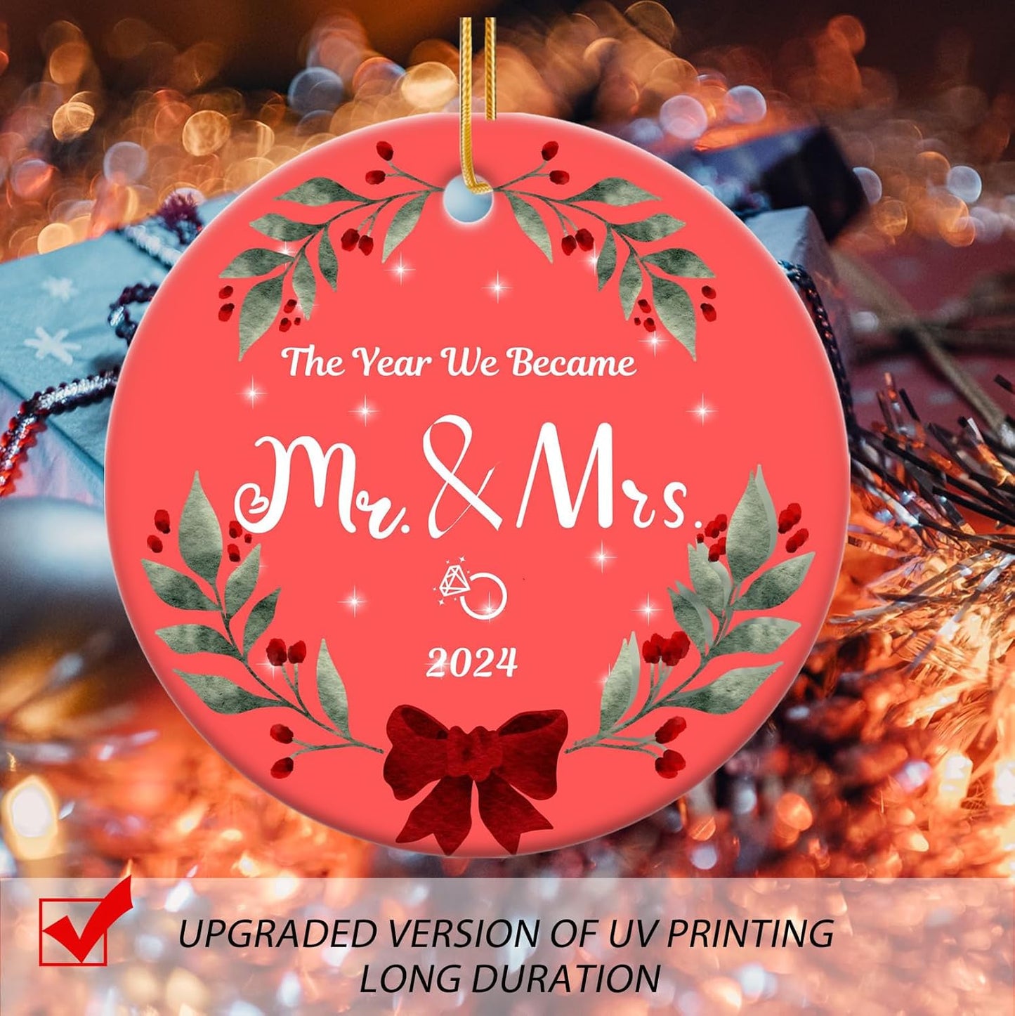 Our First Christmas Engaged Ornament for Couples 2024, Mr & Mrs Ceramic Keepsake Engagement Ornaments for Hanging Decor