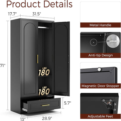 71" Metal Armoire Wardrobe Closet with 2 Doors and Drawer, Tall Wardrobe Cabinet with Hanging Rod and Adjustable Shelves, Black Clothing Storage Cabinets for Bedroom, Home Office