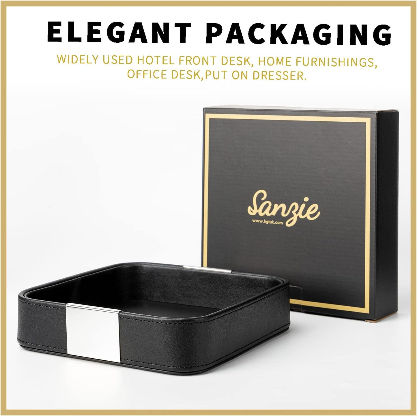 SANZIE Luxury Leather Desktop Storage Small Catchall Organizer Decorative Tray for Entryway Table to Hold Jewelry Watch Cosmetics Keys Phone Wallet, Home & Office Accessories (Metal Silvered, Black)