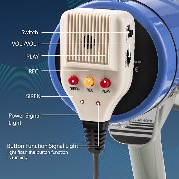 50 Watt Megaphone Bullhorn with Detachable Microphone, 240s Recording and Siren - Perfect for Indoor/Outdoor Sporting Events and Crowd Control