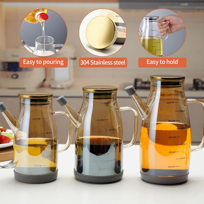 Large Glass Oil Dispenser Bottle for Kitchen Cooking Recipiente Para Aceite De Cocina Olive Oil Vinegar Dispenser Cruet Stainless Steel Lid No Drip Liquid Container (Champagne, 27oz / 800ml)