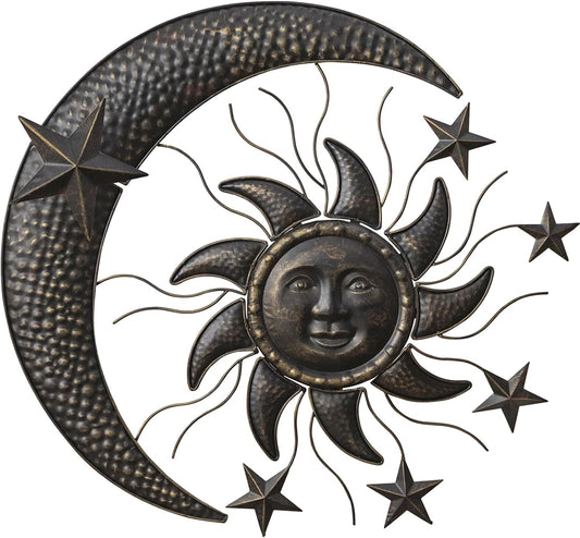 TICKCACY 27” Metal Sun Wall Decor, Vintage Sun Moon Stars Wall Hanging Decoration, Moon and Stars Wall Art Sculpture for Indoor Outdoor Living Room Bedroom Garden Yard Patio Fence