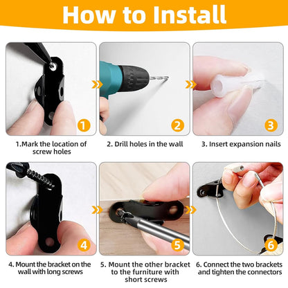 10-Pack Baby Proof Heavy Duty Furniture Anchors for Dressers, Bookcases and TV Cabinets 400LB Anti Tip Kit with Stainless Steel Hardware Shock Straps (Black)