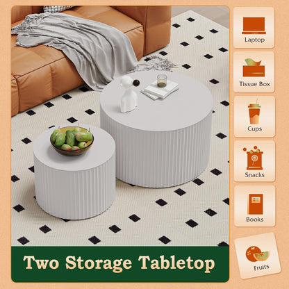 Round Nesting Coffee Table Modern Fluted Coffee Table Set of 2 Circle Drum Coffee Tables Small Round Accent Side End Table for Living Room No Assembly (White A 27in)