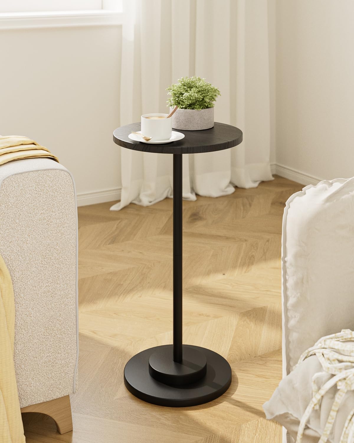 Masupu Drink Table, Round Side Table for Small Spaces, Pedestal Side Table, Small End Table with Metal Base, for Living Room, Bedroom, Bathroom, Black
