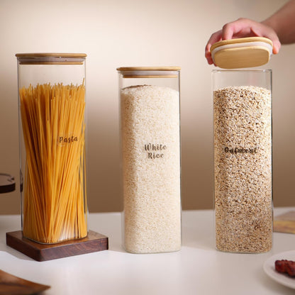 3 Pcs Square Glass Pantry Storage Containers with Bamboo Airtight Lid and 248 Clear Pantry Labels Preprinted - 74oz Thicken Glass Food Storage Jars for Coffee, Cookie, Tea, Sugar, Spice