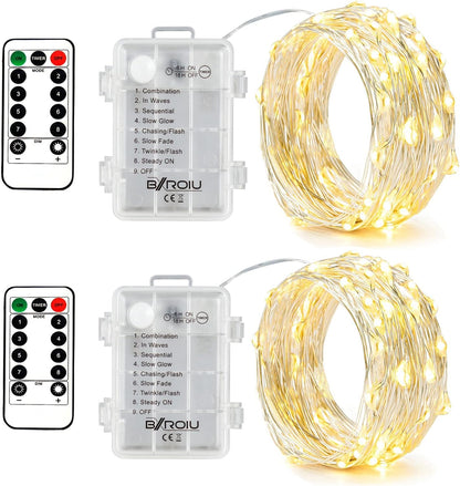 2 x Fairy Lights Battery Operated,Silver Wire Chains 8 Mode 16Ft/5Meter 50 LEDs Timer String Lights with Remote Control for Bedroom Christmas Party Wedding Decoration(Warm White)