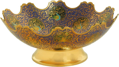 Brass Decorative Dry Fruit Bowl Multipurpose Serving Bowl carving Work - Size- 7" Beautiful Blue Color Peacock design Kitchenware Gift