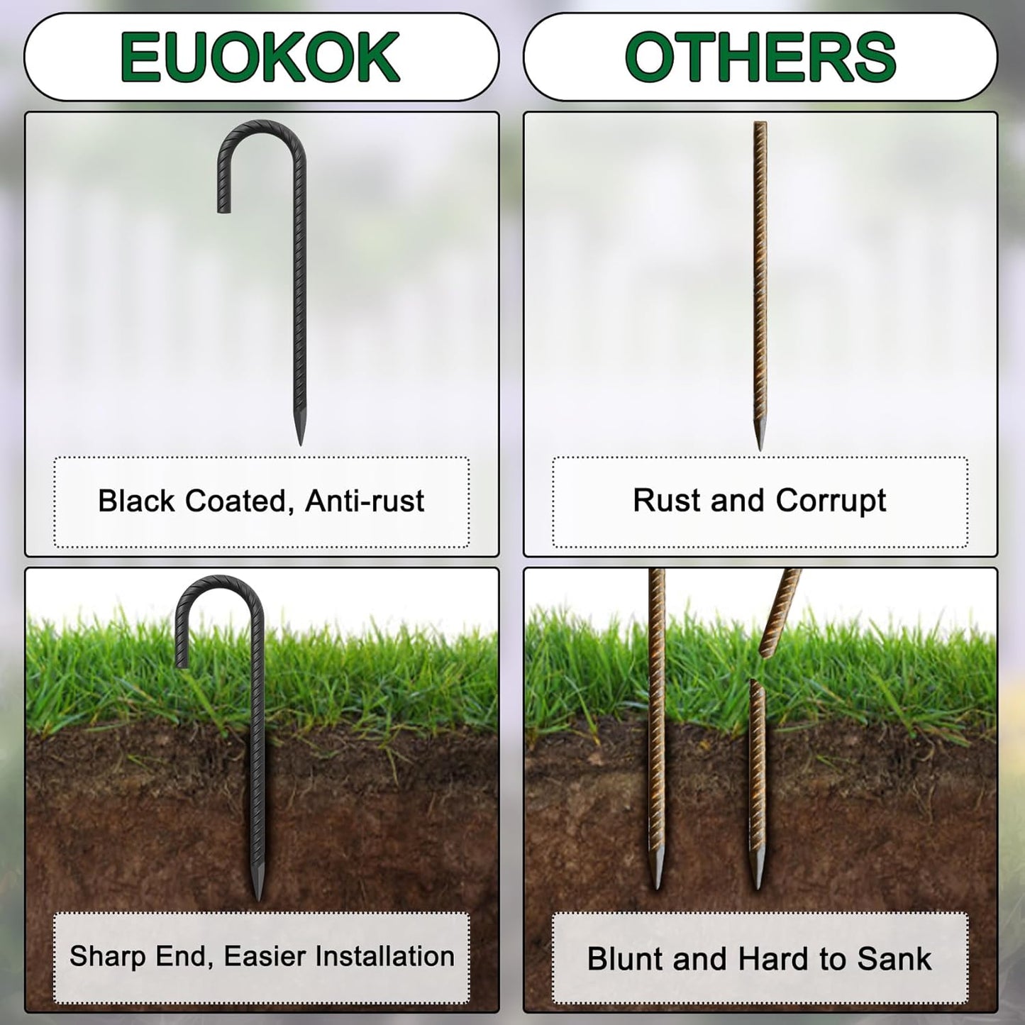 24 Inch Rebar Ground Stakes 3/8 Inch Tent Stakes Heavy Duty 12 Pack Steel Ground Anchors Chain Link Fence Stakes Trampoline Stakes with Chisel Point end for Swing Set and Camping Tent, Black