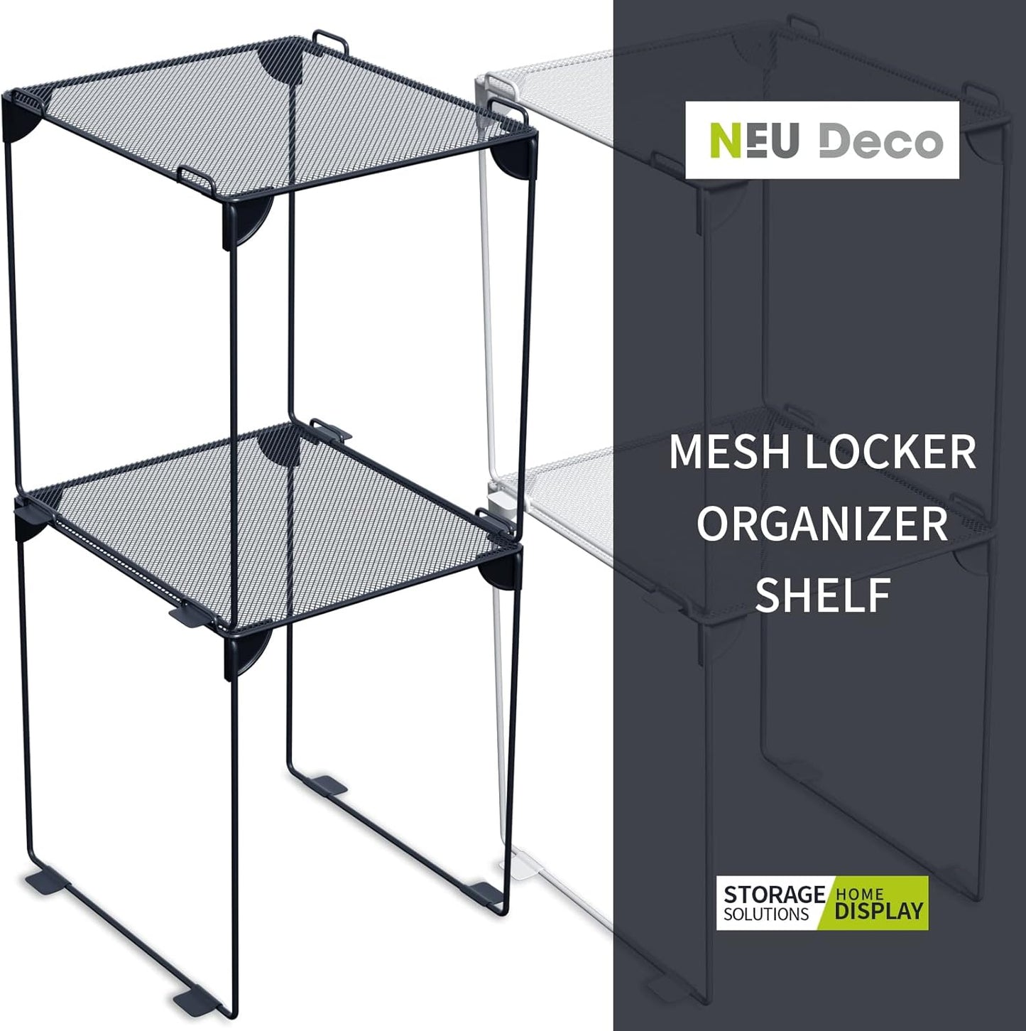 Neudeco Pack 2, Mesh Locker Shelf, Stackable Extra Tall Locker Organizer, Collapsible and Metal Build, Fits Standard Size School Locker, Suitable for Work, Kitchen, Bathroom (Grey)