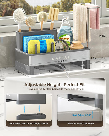 Nacial Sponge Holder for Kitchen Sink, Sink Caddy Organizer with High Brush Holder, Two Towel Racks & Soap Dispenser- Rustproof 304 Stainless Steel Kitchen Countertop Storage Essentials - Gris