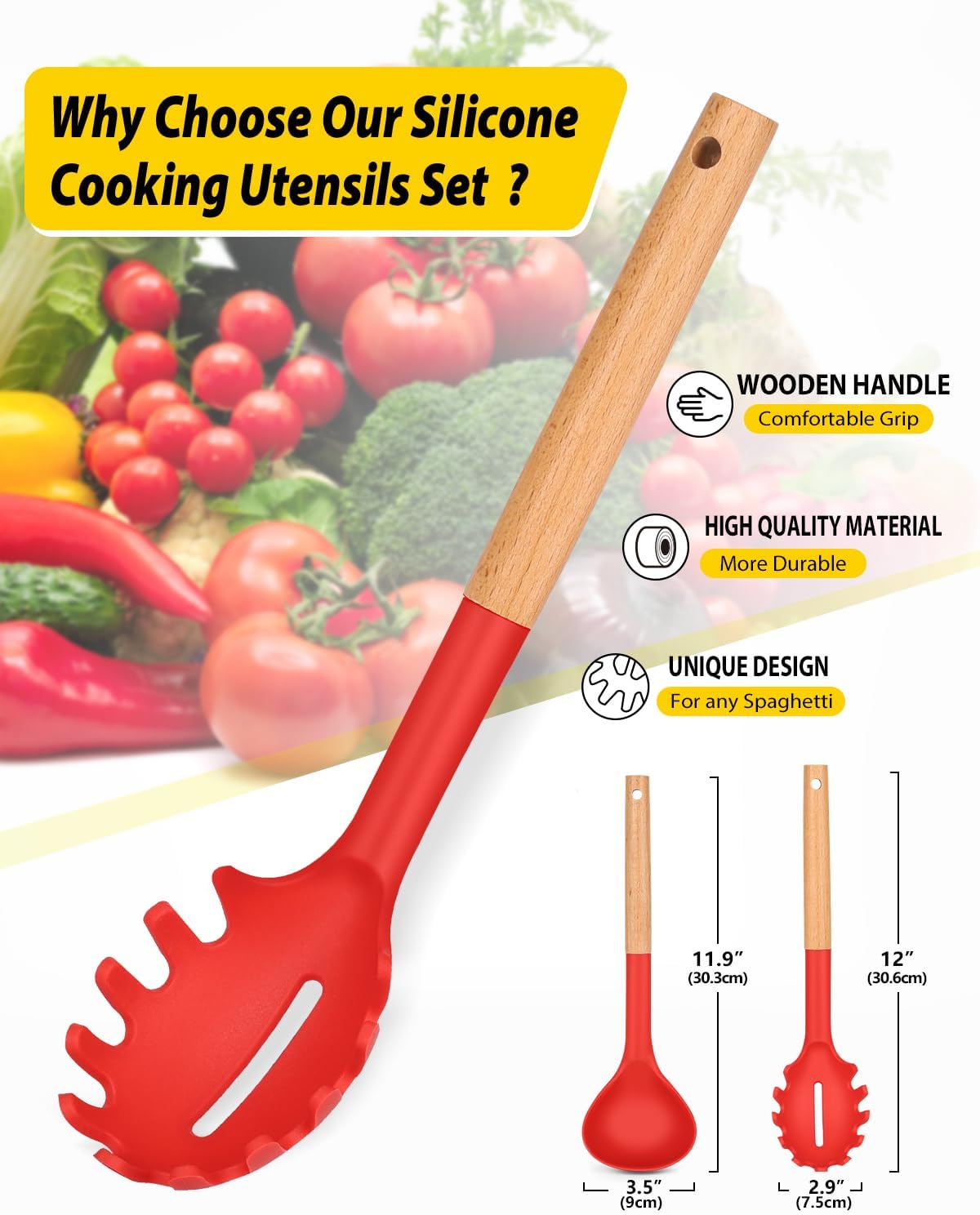 Silicone Pasta Fork and Ladle Spoon Set with Wooden Handle, Heat Resistant Non Stick Kitchen Utensils for Cooking, Stirring, Serving Spaghetti, Soup, Sauce(RED)