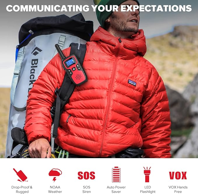 Wishouse Walkie Talkies for Kids Adults - Long Range Rechargeable 2 Way Radios,Gift,Hiking Accessories Camping Gear with Lamp,SOS Siren,NOAA Weather Alert,VOX,Easy to Use Red Blue 2 Pack