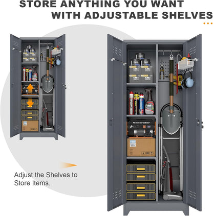 Broom Closet Storage Cabinet, Steel Locking Cabinet with Hanging Rod, 65" Cleaning Storage with Doors and Hooks, Tall Broom Tool Cabinets for Office, Garage