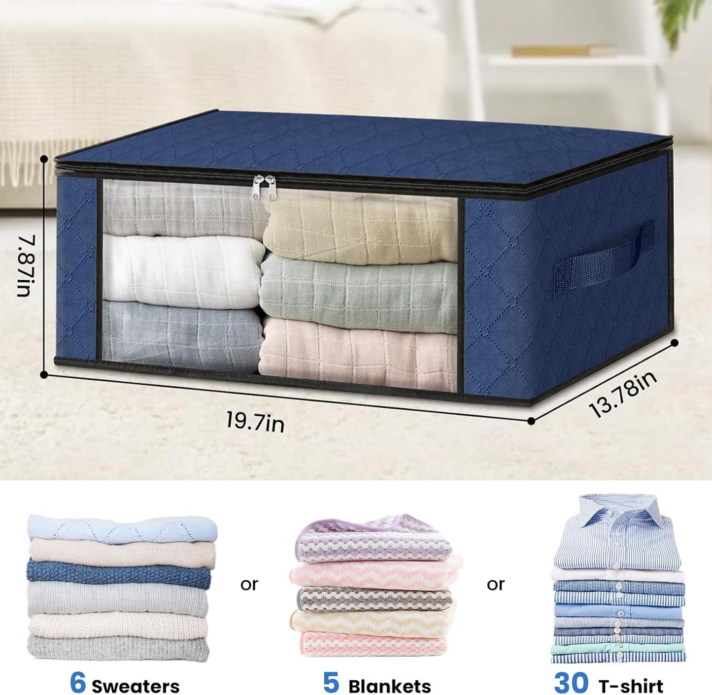 HomeHacks Storage 3-Pack Clothes Organizer Storage Bags Foldable Storage Box with Large Clear Window Sturdy Handles for Closet, Dorm, Pillows, Bedding, Clothes, Blankets, 35L, Blue