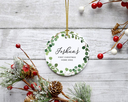 Andaz Press Personalized Round Ceramic Porcelain Christmas Tree Ornament Keepsake Collectible Adoption New Baby Gift, Joshua's First Christmas Home 2025, Farmhouse Eucalyptus Wreath, 1-Packs