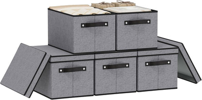 Storage Boxes, 15 x 9.8 x 8.3 Inch Baskets for Organizing with Lids, Fabric Bins with Handles, Decorative Linen Closet Organizers, Gray, 5 Pack
