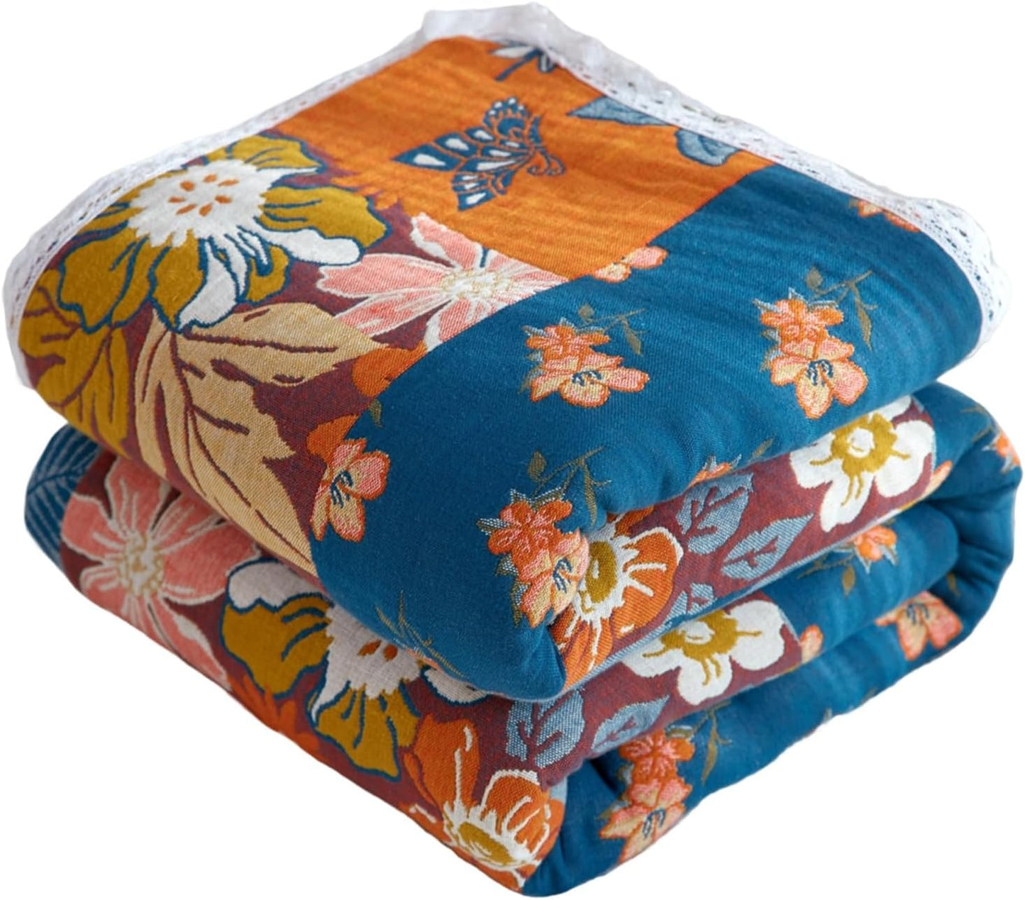 Throw Blanket for Couch Bed, 100% Cotton Muslin 60''x80'' Travel Bed Blankets Mexican Boho Quilt Flowers Blanket Lightweight Blanket Soft Warm Throws Gifts for Women Mom