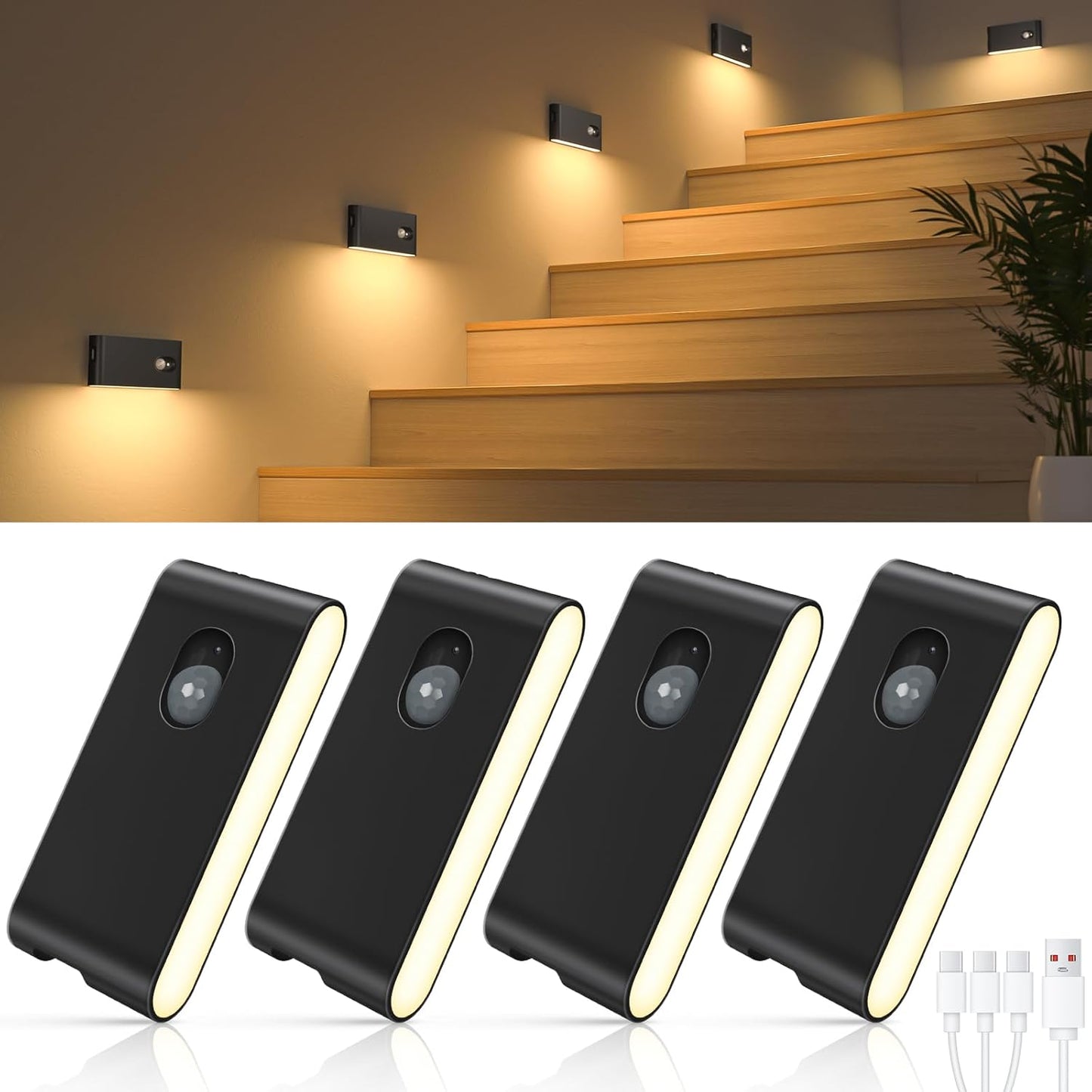 WILLED Motion Sensor Night Lights, Wireless Stair Lights Indoor, Battery Rechargeable Night Lights for Stairway, Hallway, Kitchen, Closet, Cabinet, Bedroom, Kids' Room(4-Pack)