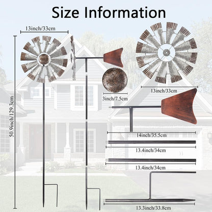Wind Spinners Outdoor，Metal Vintage Style Single Sided Silver Windmill Kinetic Wind Spinner for Outdoor Garden Patio Yard Decor,Diameter 13 Inches