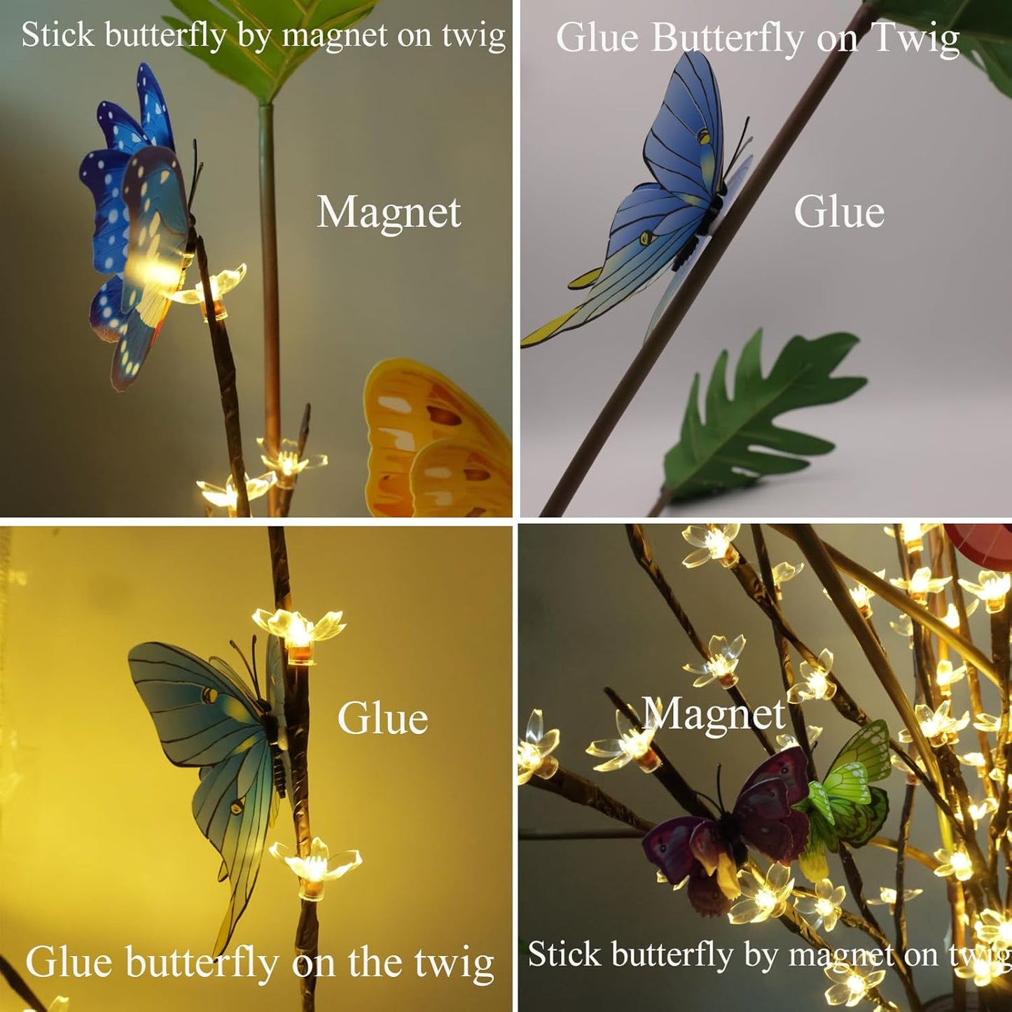 3 Pack Battery Lighted Branch Flowers Lights with 12 Colored 3D Butterfly Indoor Bedroom Decorations, Warm White 60 LED Artificial Cherry Blossom Twig Vase Filler Willow Tree Home Decor