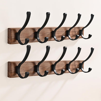 2 Pack 17.3" Small Wooden Coat Rack Wall Mounted with 5 Hooks, Entryway Wall Hooks Coat Hanger for Hanging Towel Clothes Hat Backpack Shoe Purse Key Holder Multi Hook Rail by Black Walnut Wood