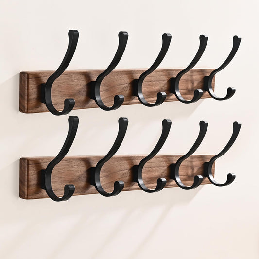 2 Pack 17.3" Small Wooden Coat Rack Wall Mounted with 5 Hooks, Entryway Wall Hooks Coat Hanger for Hanging Towel Clothes Hat Backpack Shoe Purse Key Holder Multi Hook Rail by Black Walnut Wood