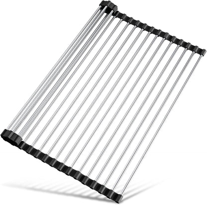 Tomorotec 21" x 15.5" Roll Up Dish Drying Rack Over Sink Drying Rack Sink Cover Kitchen Sink Accessories Gadget Multipurpose Organizer Foldable Stainless Steel Drainer