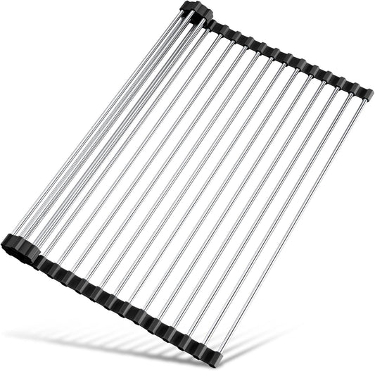 Tomorotec 21" x 15.5" Roll Up Dish Drying Rack Over Sink Drying Rack Sink Cover Kitchen Sink Accessories Gadget Multipurpose Organizer Foldable Stainless Steel Drainer
