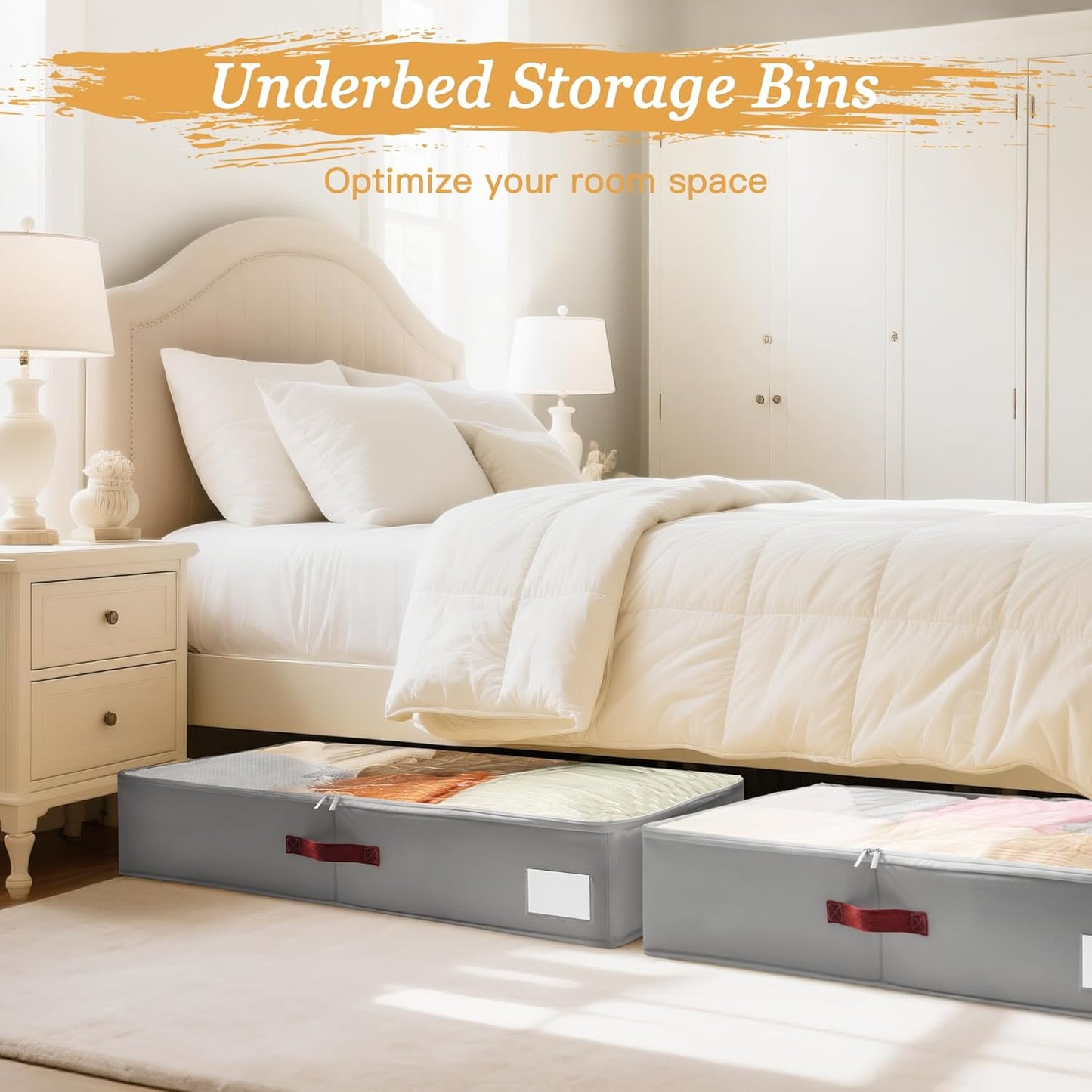 Criusia Under Bed Storage Bins with Clear PVC Lids – 4 Pack Large Underbed Organizers with Heavy-Duty Handles, Reinforced with 800G PP Panels & 80G Non-Woven Fabric – Waterproof & Foldable, Gery