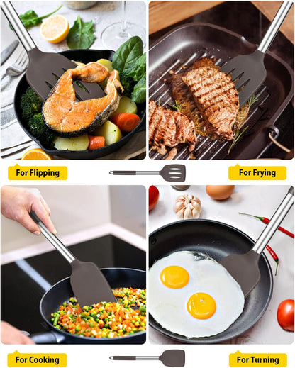 Pack of 2 Silicone Solid Turner, Non Stick Slotted Kitchen Spatulas, High Heat Resistant BPA Free Cooking Utensils, Ideal Cookware for Fish, Eggs, Pancakes(Chocolate)