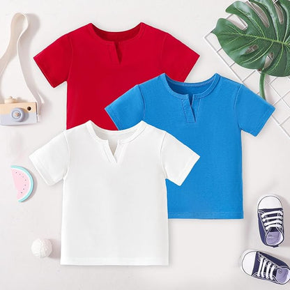 OPAWO Toddler Boy Shirts 3 Pack, V-Neck Short Sleeve Toddler Tshirts, Blank Baby Tee Shirts Summer Tops 12 Months-5T