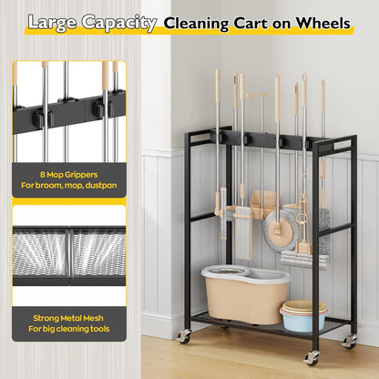BORISI Broom And Mop Holder, Movable Broom Closet Storage Cabinet, Cleaning Cart with Mop Hanger Gripper Rack, Janitorial Cart, Utility Carts, Laundry Room Organization Home Essentials