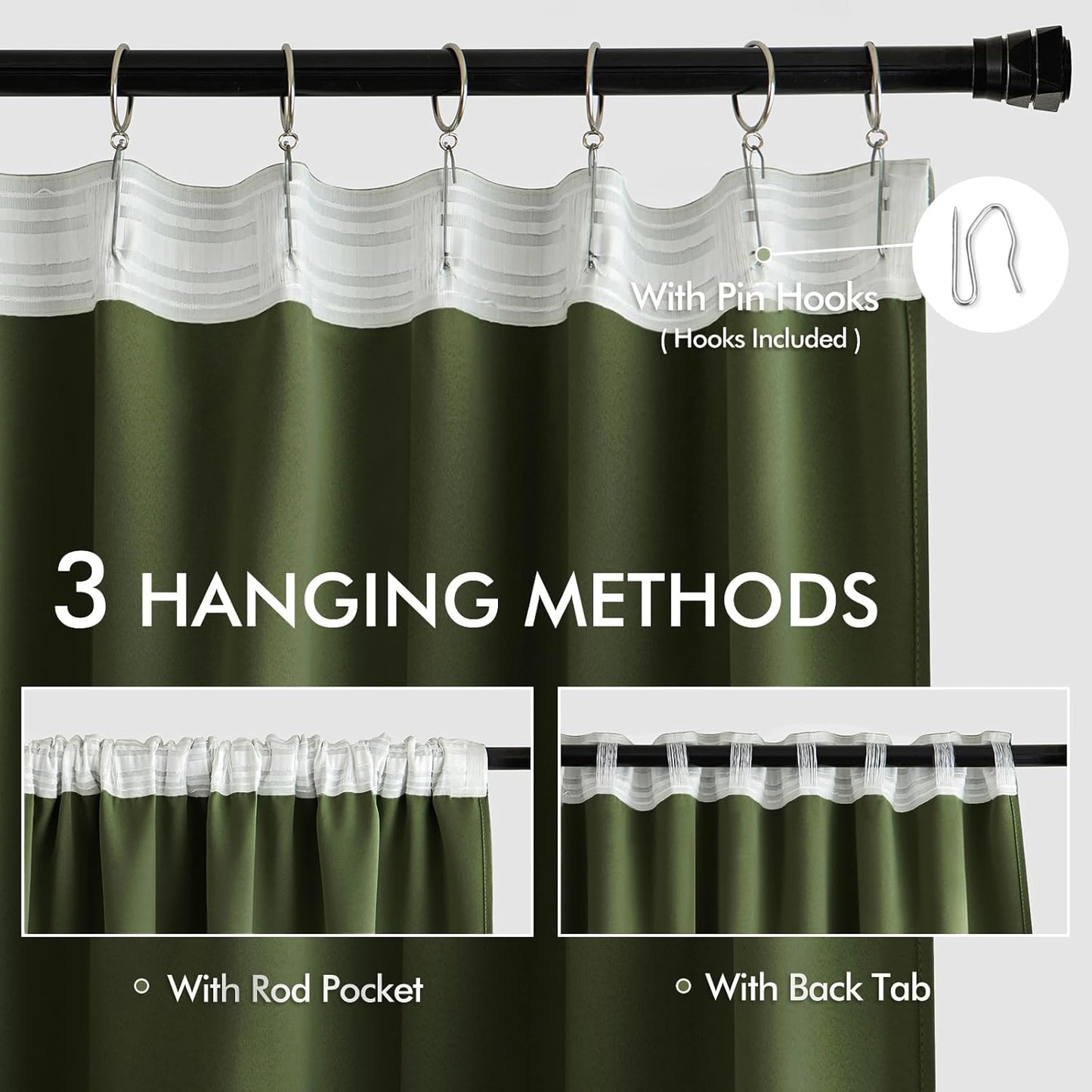 MIULEE Olive Green Back Tab Blackout Curtains 102 Inch Long 2 Panels Set for Bedroom, Rod Pocket/Pinch Pleated Thermal Insulated Living Room Darkening Light Blocking Floor to Ceiling Drapes