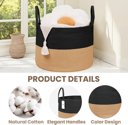Woven Blanket Basket,65L Large Rope Storage Bin with Handles, Organizer for Blankets Toys Book and Clothes, Laundry Basket for Living Room Bedroom Nursery,Black&Jute