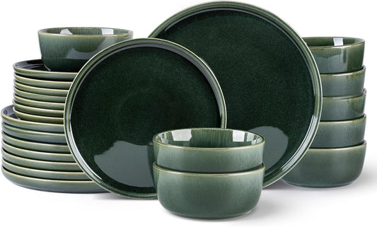 GBHOME Ceramic Dinnerware Sets for 8, 24 Pieces Stoneware Plates and Bowls Sets, Reactive Glaze Dishes -Scratch Resistant, Dishwasher&Microwave Safe, Earth Green