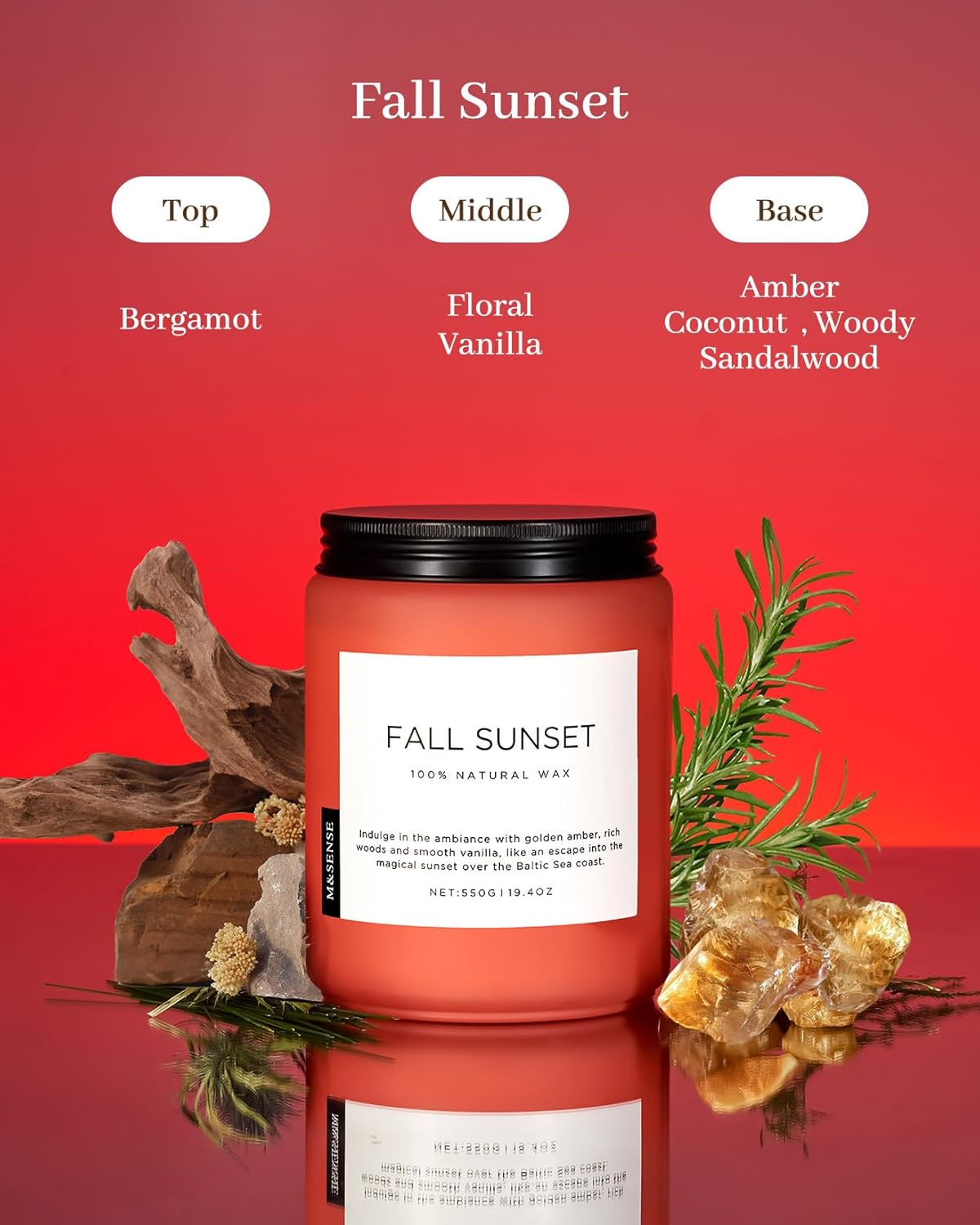 M&SENSE Fall Sunset Amber Scented 19.4oz 110 Hours Long Lasting Slow Burning Candle for Housewarming, Large Natural Soy Organic Relaxing Aromatherapy Candle Gifts for Women Men