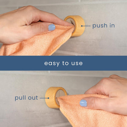 S&T INC. Round Adhesive Push Towel Hooks for Kitchen, Hand and Dish Towels, Plastic, Bamboo, 4 Pack