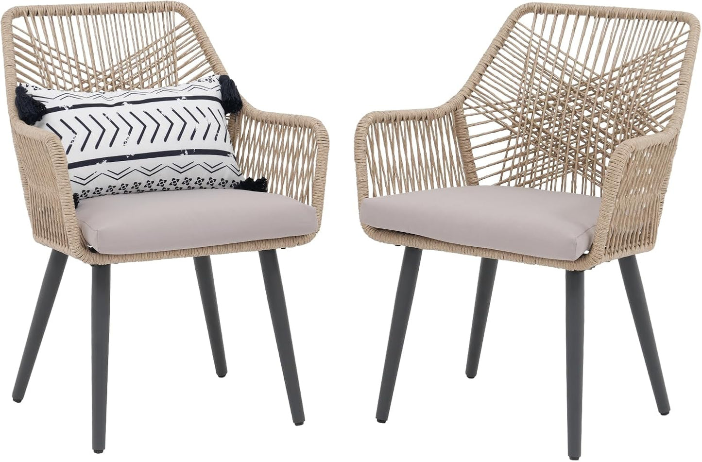 Patiorama Patio Dining Chair Set of 2, Woven Rope Outdoor Dining Chairs w/Steel Frame, All-Weather Twisted Rattan Chairs w/Armrest & Cushion, Outdoor Dining Wicker Chairs for Backyard Garden(Beige)