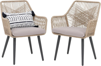 Patiorama Patio Dining Chair Set of 2, Woven Rope Outdoor Dining Chairs w/Steel Frame, All-Weather Twisted Rattan Chairs w/Armrest & Cushion, Outdoor Dining Wicker Chairs for Backyard Garden(Beige)