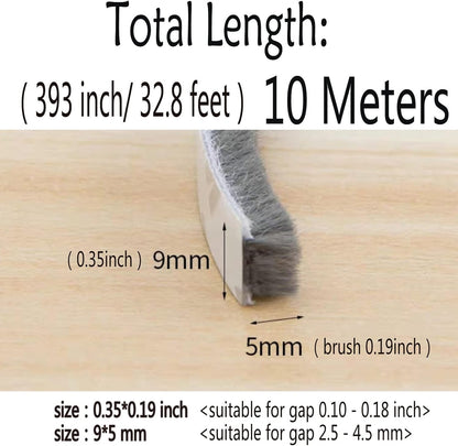 Weather Stripping Brush for Sliding Windows/Doors Frame Side,Pile Self Adhesive Weatherstrip Seal Strip Sealer Draft Stoppers (33ft x11/32 Backing x 3/16 Brush inch, Grey)
