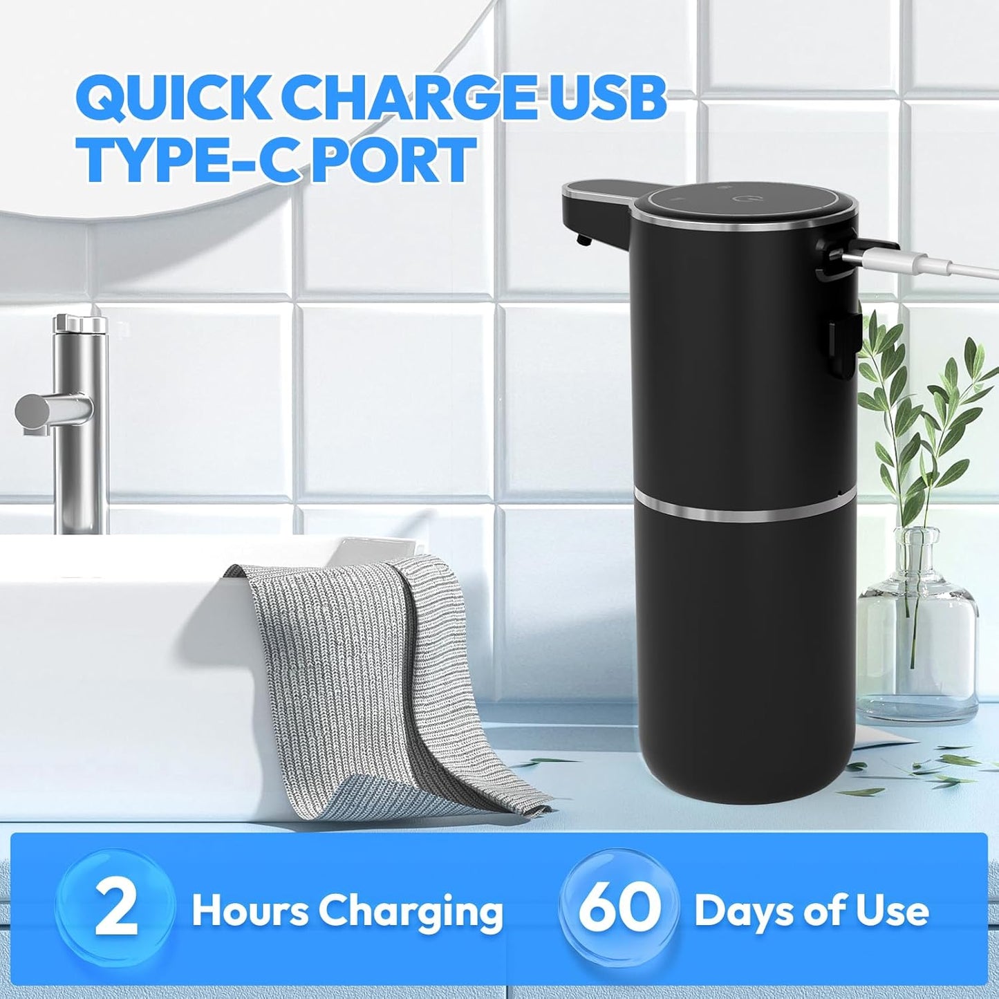 2 Pack Automatic Soap Dispenser Touchless,Liquid Hand Soap Dispenser 12.8oz USB 4levels Adjustable Dispenser Electric Wall Mounted Smart for Bathroom and Kitchen Dish Soap，Easy for Toddlers(Black)