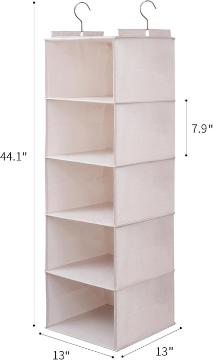 Large Hanging Sweater Organizer for Closet,Collapsible 6-Shelf Hanging Closet Shelves with Drawers, Washable (Beige -5 Shelf-2 d)