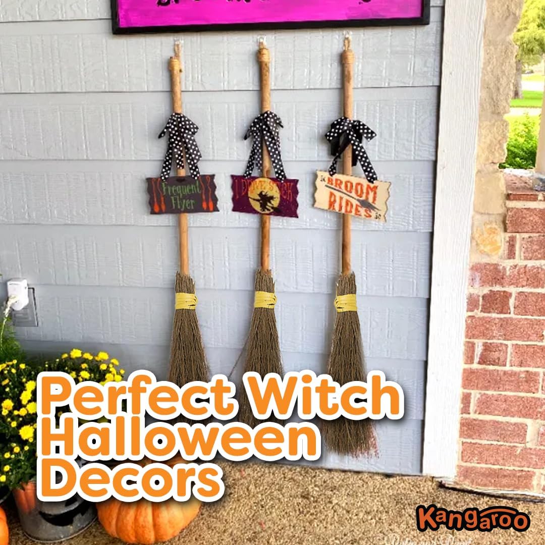 Kangaroo 36" Bamboo Witch Broom Prop - Wizard Staff Witch Broomstick Magic Broom for Kids, Teens & Adults - Halloween Porch Decor Front Outdoor Fall Decoration - Witches Costume Accessory
