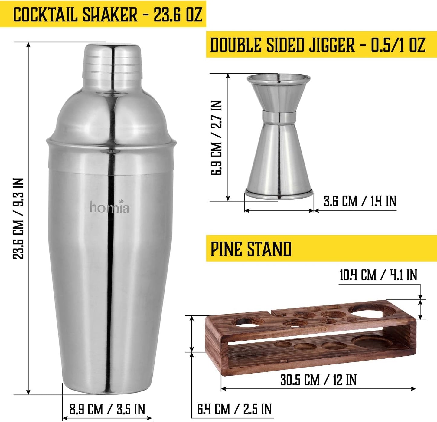 Bartender Kit with Whiskey Smoker - 13 pcs, Pine Stand - Bar Set with Cocktail Shaker, Bartending Kit with Essential Bar Accessory Tools, Wood Chips, Steel